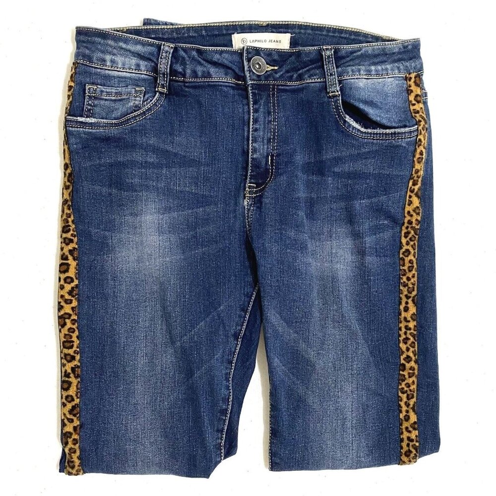 Youth Girls Jeans XL‎ Blue Leopard Cat Print Detail Boho Hippie Festival Party